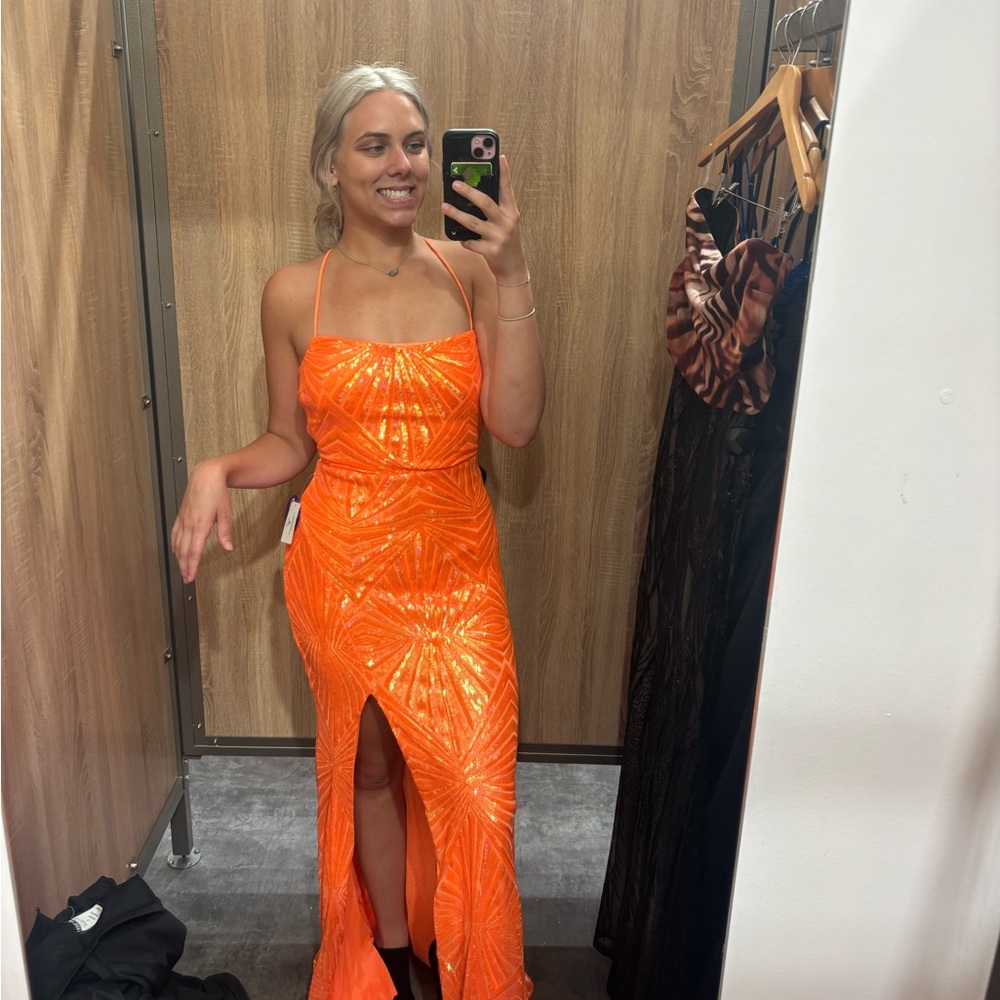 Orange Sequin Strappy Evening Dress with Front Slit